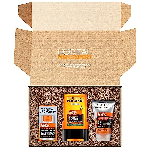 L'Oréal Men Expert Pflegeset gegen müde Haut für Männer, Geschenkset mit Waschgel, Duschgel und Gesichtscreme, Geschenk für Herren mit Taurin und Vitamin C, Hydra Energy, 3-teiliges Set