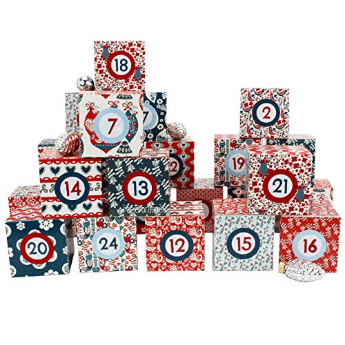 Papierdrachen DIY Adventskalender Kisten Set - Motiv Hygge - 24 bunte Schachteln zum Aufstellen und zum Befüllen - 24 Boxen