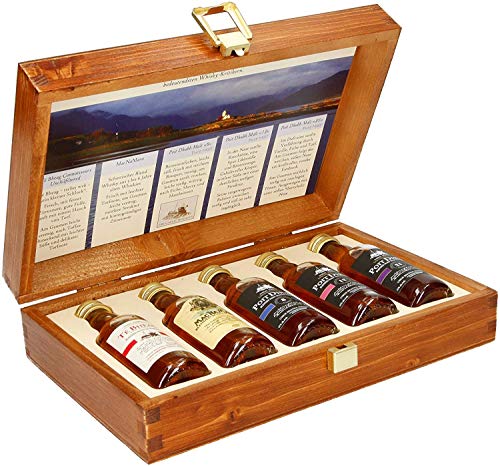 The Wine Guys Pràban na Linne Whisky Probier- und Geschenkset, 5 x 50 ml in hochwertiger Holzkiste | Té Bheag, MacNaMara, Poit Dhubh 8, 12, 21 |Probierset