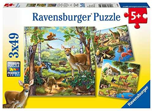 Ravensburger Kinderpuzzle - 09265 Wald-/Zoo-/Haustiere - Puzzle für Kinder ab 5 Jahren, mit 3x49 Teilen, Yellow