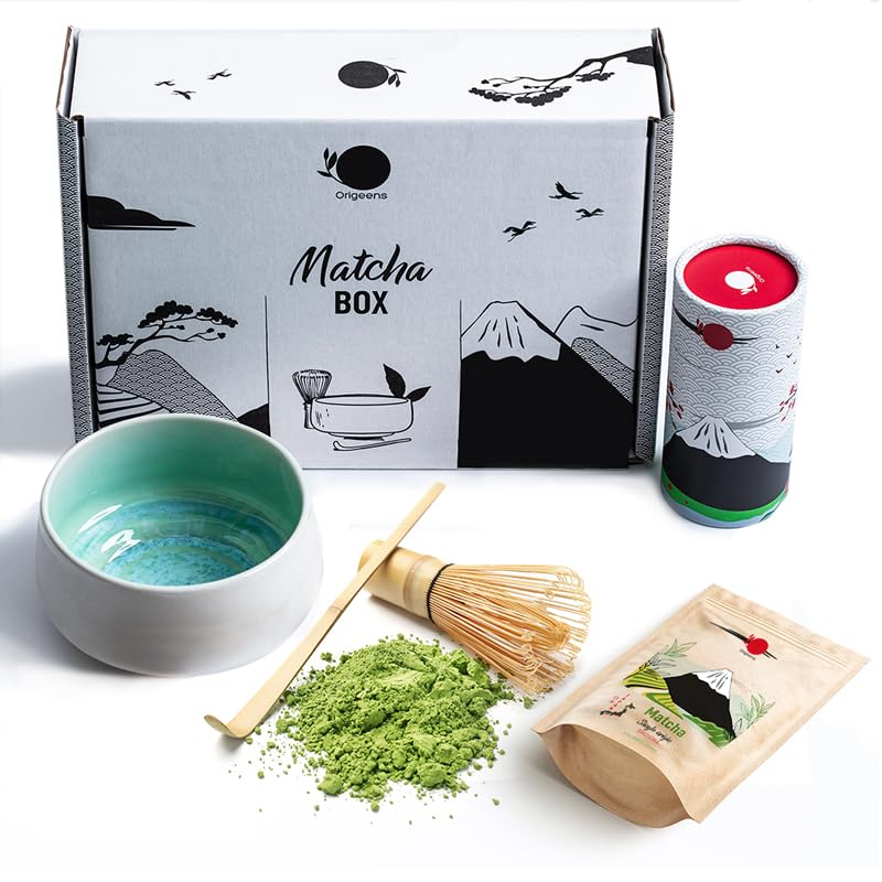 Origeens MATCHA TEE SET mit Matcha Besen, Matcha Schale aus Keramik, BIO Matcha Tee aus Japan | Handwerklich angefertigte Matcha Bowl aus Portugal | Geschenkset