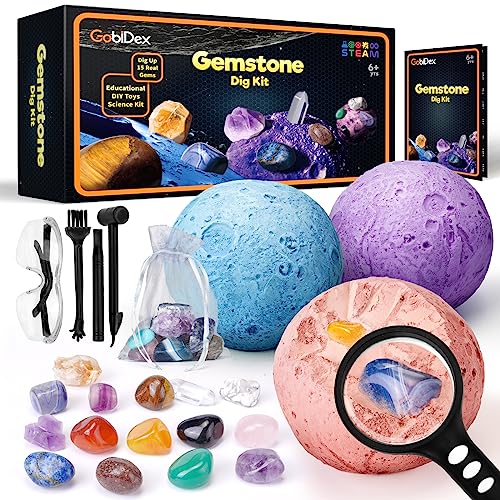 GobiDex Ausgrabungsset für Kinder, Natürliche Edelsteine und Kristalle, Mineralien Steine für Kinder ab 6 7 8 9 10, Mond Schatzsuche Spielzeug, Sonnensystem, Planeten Geschenk für Jungen und Mädchen