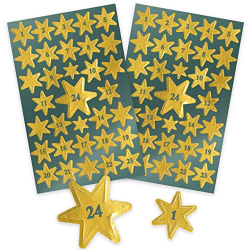 AVERY Zweckform 66 Aufkleber Weihnachten Sterne gold (Made in Germany, Weihnachtskalender, Glanzpapier, selbstklebende Weihnachtsdeko, Zahlen 1-24, Adventskalenderzahlen, Sticker Weihnachten) 52809