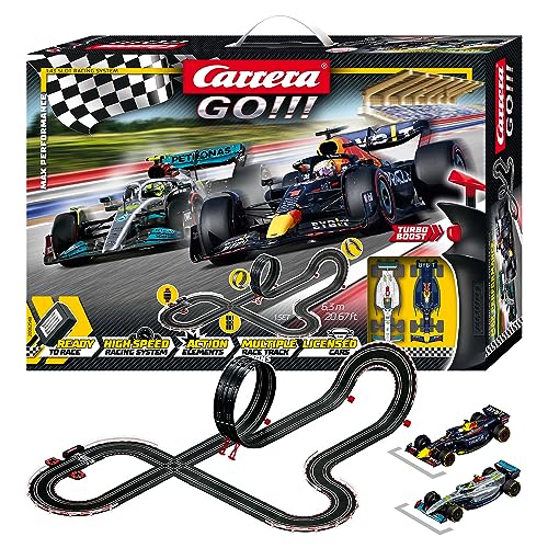 Carrera Go!!! Max Performance | Formel 1 Rennbahn-Set |Max Verstappen vs Louis Hamilton |2 Slotcars inkl. 2 Handregler mit Turbo-Knopf | inkl. Looping, Kreuzung, Fly-Over und Rundenzähler |